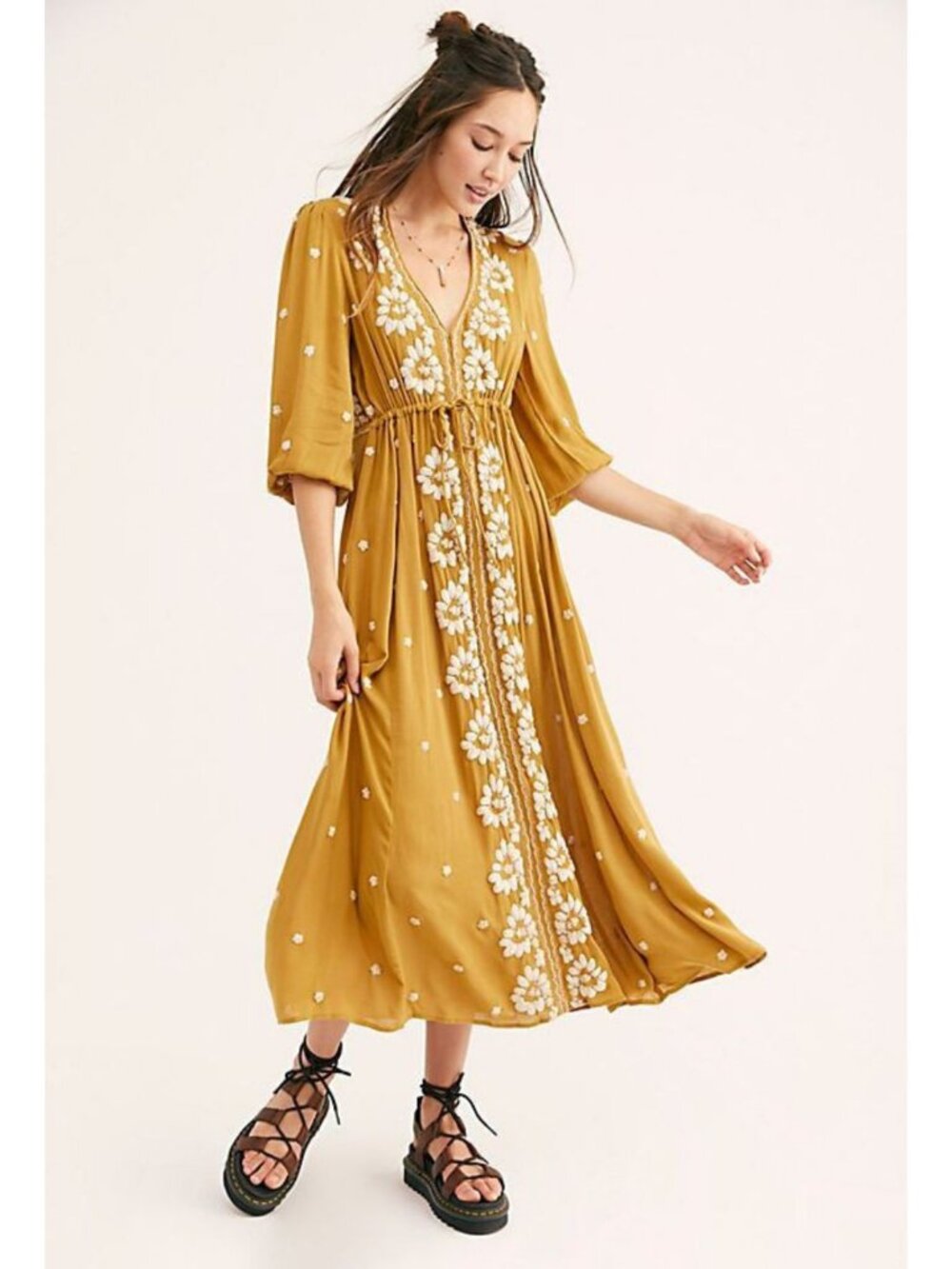 Free People Embroidered Fable Midi Dress Canyon Gold Combo Size Small